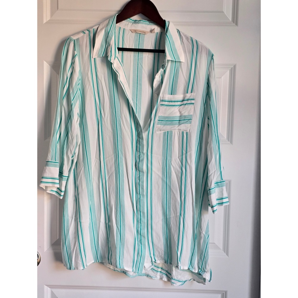 Soft Surroundings Womens Large Teal White Striped Button Down Tunic Blouse Top